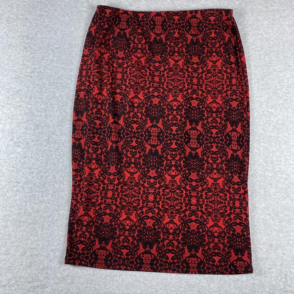 NYDJ Skirt Womens Medium Red Black Lace Print Pencil Knit Pull On Stretch Midi